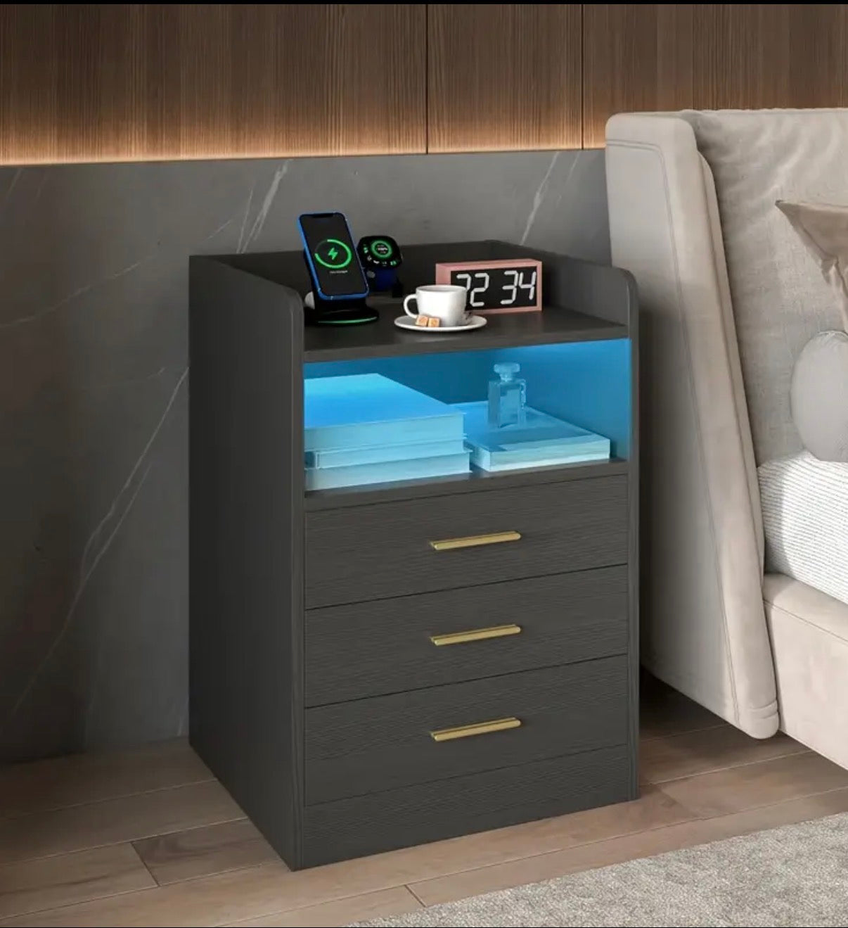 3 drawers nightstand RGB - LED side table with wireless charging station and USB port