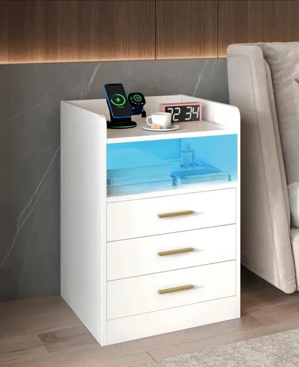 3 drawers nightstand RGB - LED side table with wireless charging station and USB port