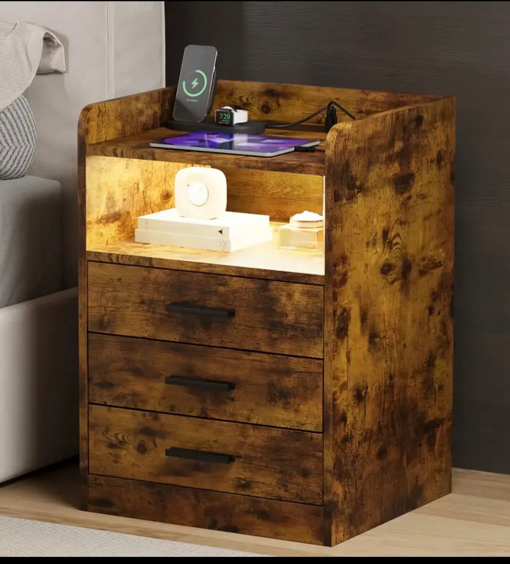 3 drawers nightstand RGB - LED side table with wireless charging station and USB port
