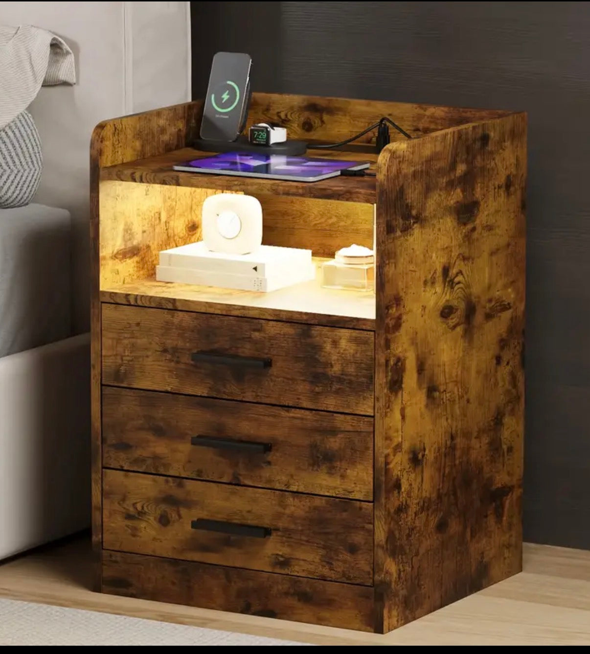 3 drawers nightstand RGB - LED side table with wireless charging station and USB port
