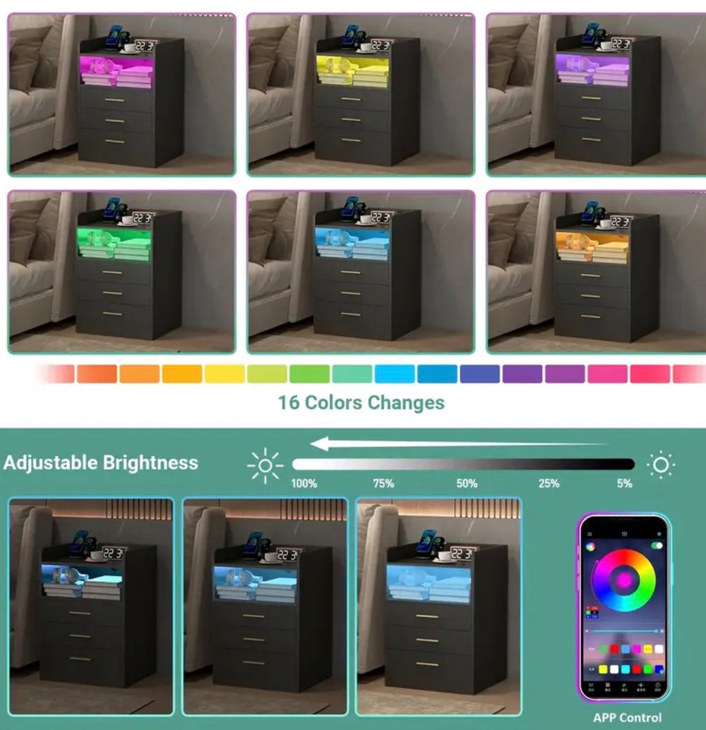 3 drawers nightstand RGB - LED side table with wireless charging station and USB port