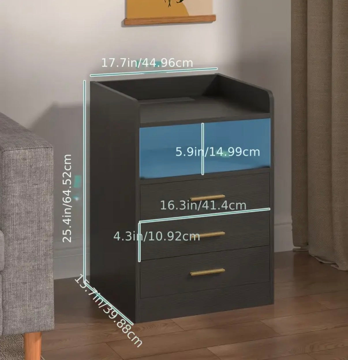 3 drawers nightstand RGB - LED side table with wireless charging station and USB port