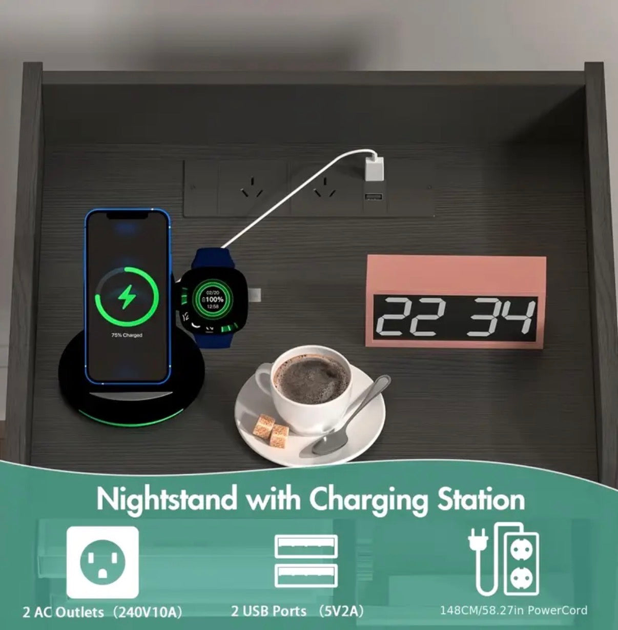 3 drawers nightstand RGB - LED side table with wireless charging station and USB port