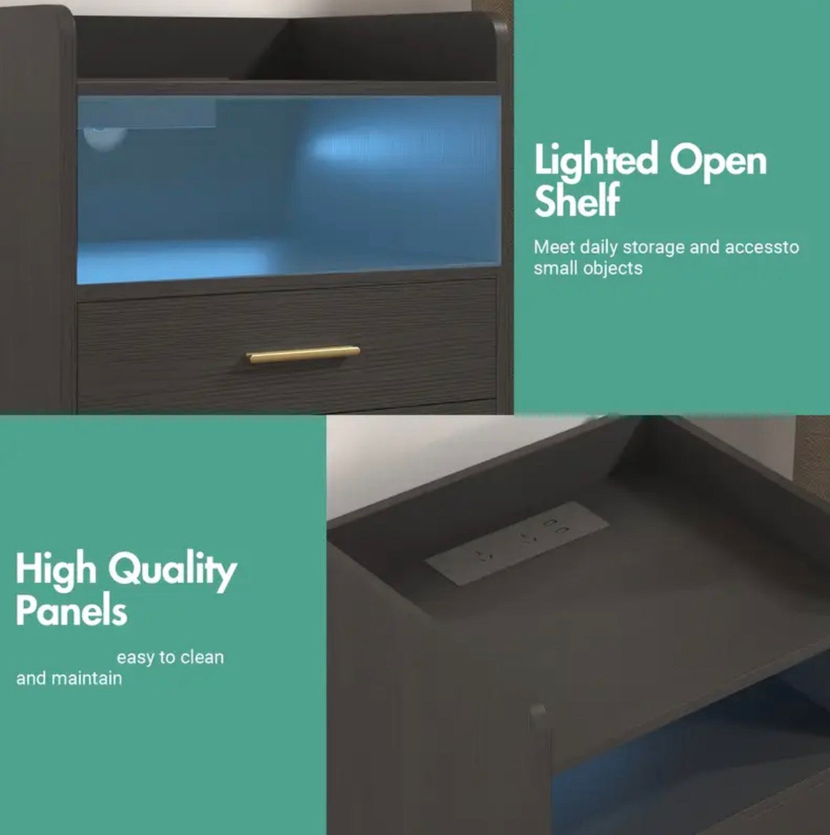 3 drawers nightstand RGB - LED side table with wireless charging station and USB port