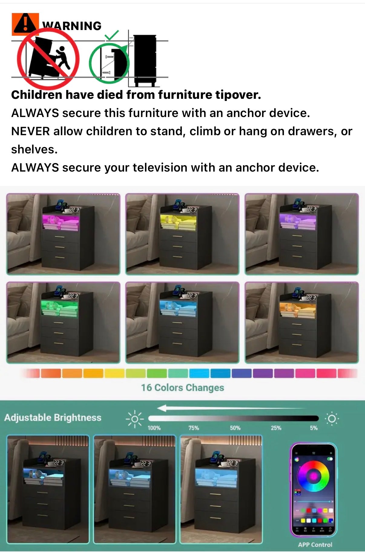3 drawers nightstand RGB - LED side table with wireless charging station and USB port