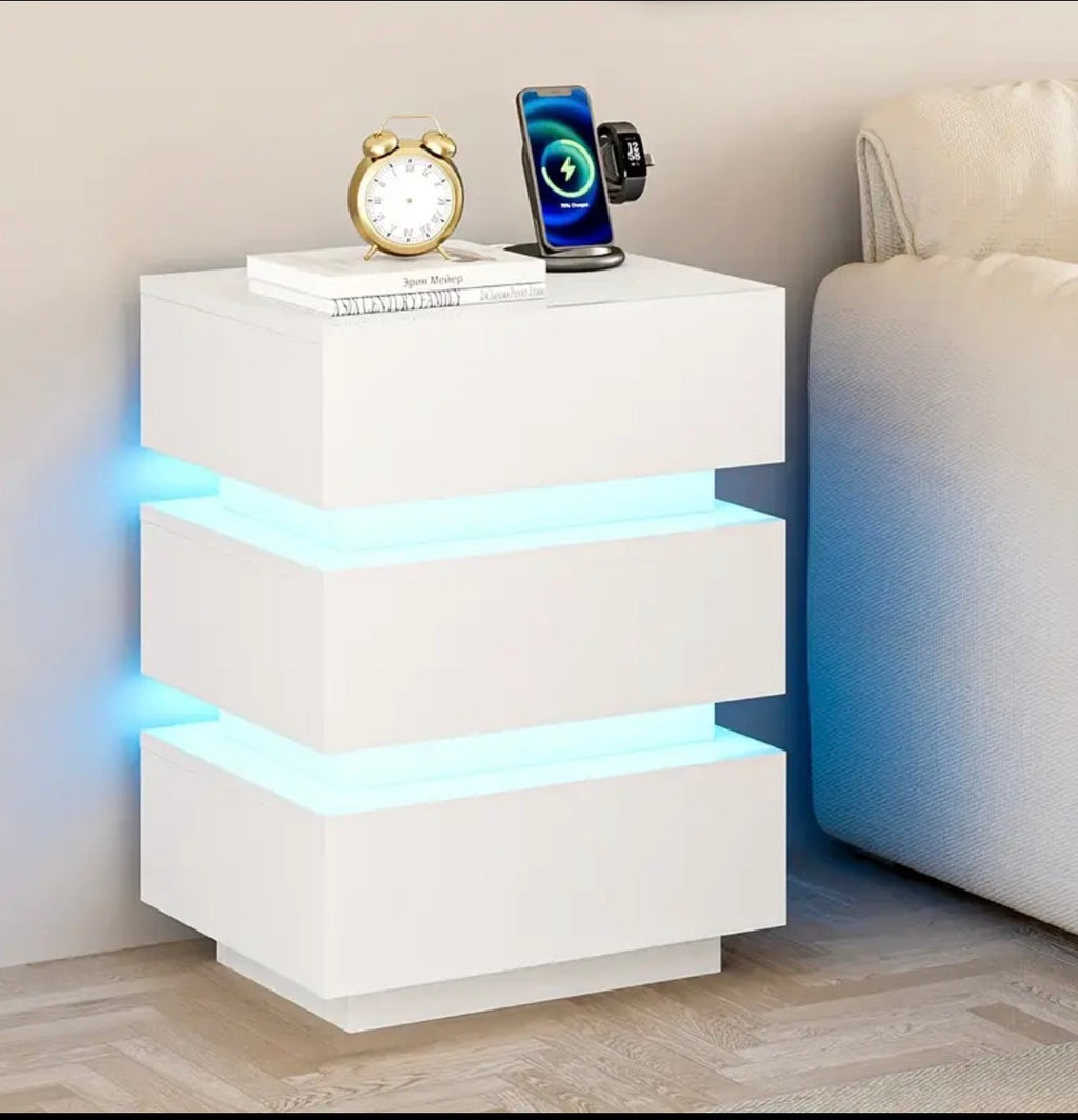 Smart Bedside Table, 3 drawers, LED nightstand with charging station and USB Port