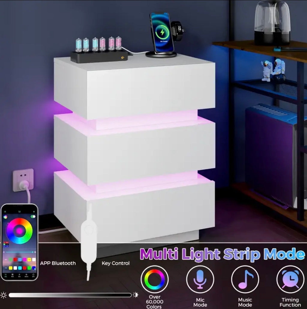 Smart Bedside Table, 3 drawers, LED nightstand with charging station and USB Port