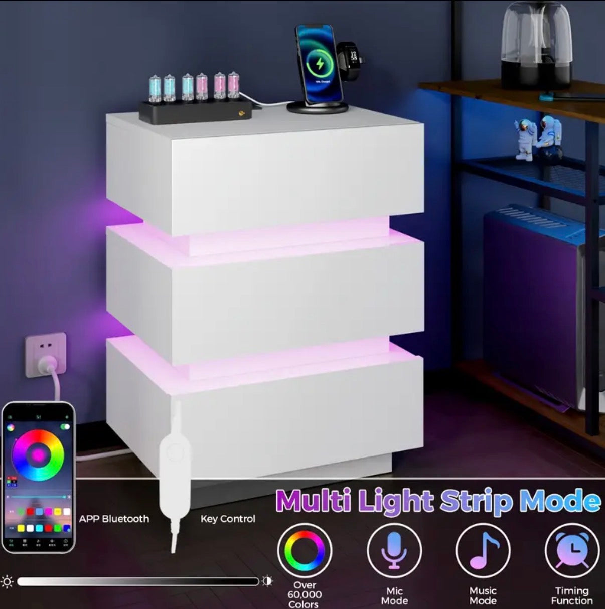 Smart Bedside Table, 3 drawers, LED nightstand with charging station and USB Port