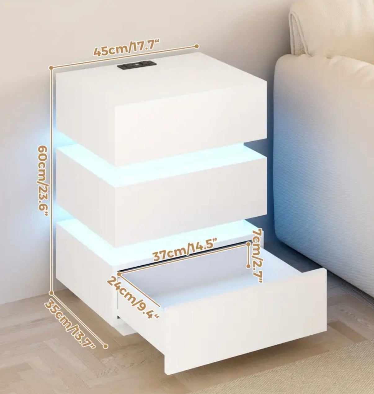 Smart Bedside Table, 3 drawers, LED nightstand with charging station and USB Port