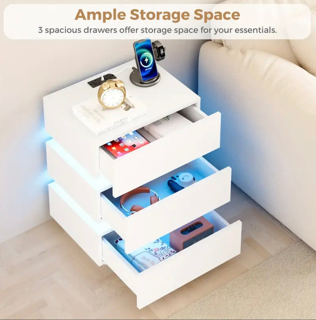 Smart Bedside Table, 3 drawers, LED nightstand with charging station and USB Port