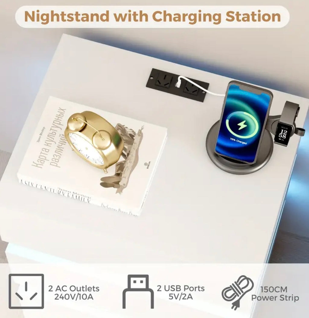 Smart Bedside Table, 3 drawers, LED nightstand with charging station and USB Port