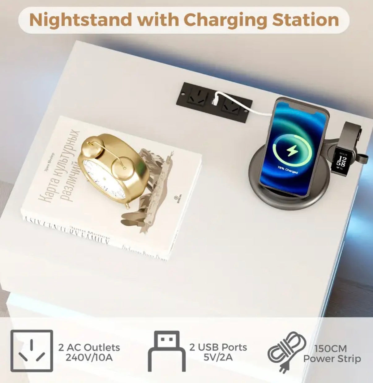 Smart Bedside Table, 3 drawers, LED nightstand with charging station and USB Port