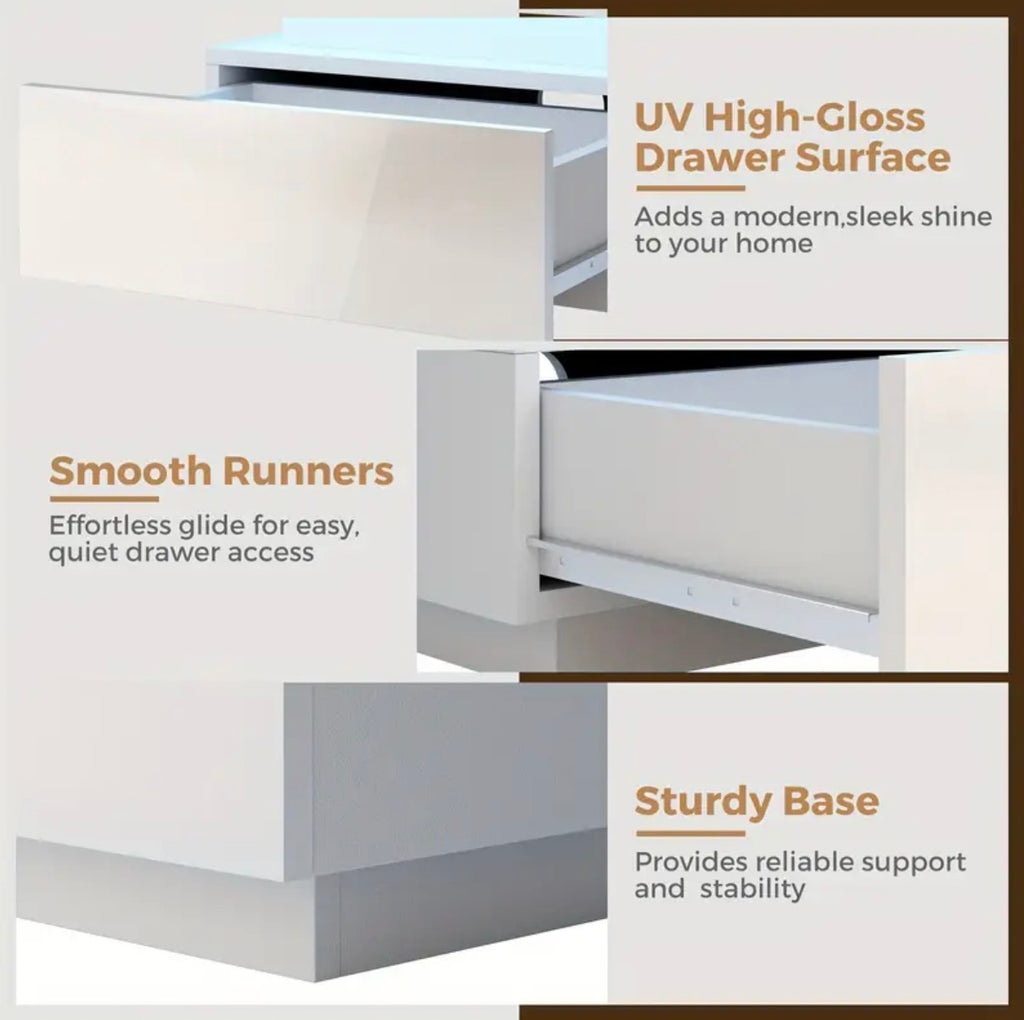 Smart Bedside Table, 3 drawers, LED nightstand with charging station and USB Port