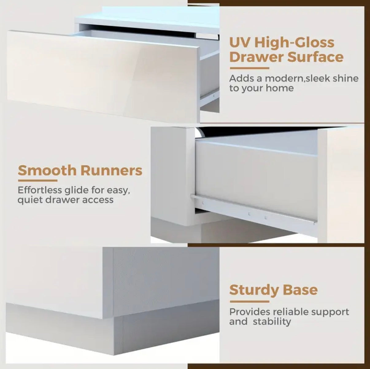 Smart Bedside Table, 3 drawers, LED nightstand with charging station and USB Port