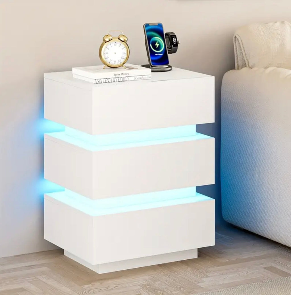 Smart Bedside Table, 3 drawers, LED nightstand with charging station and USB Port