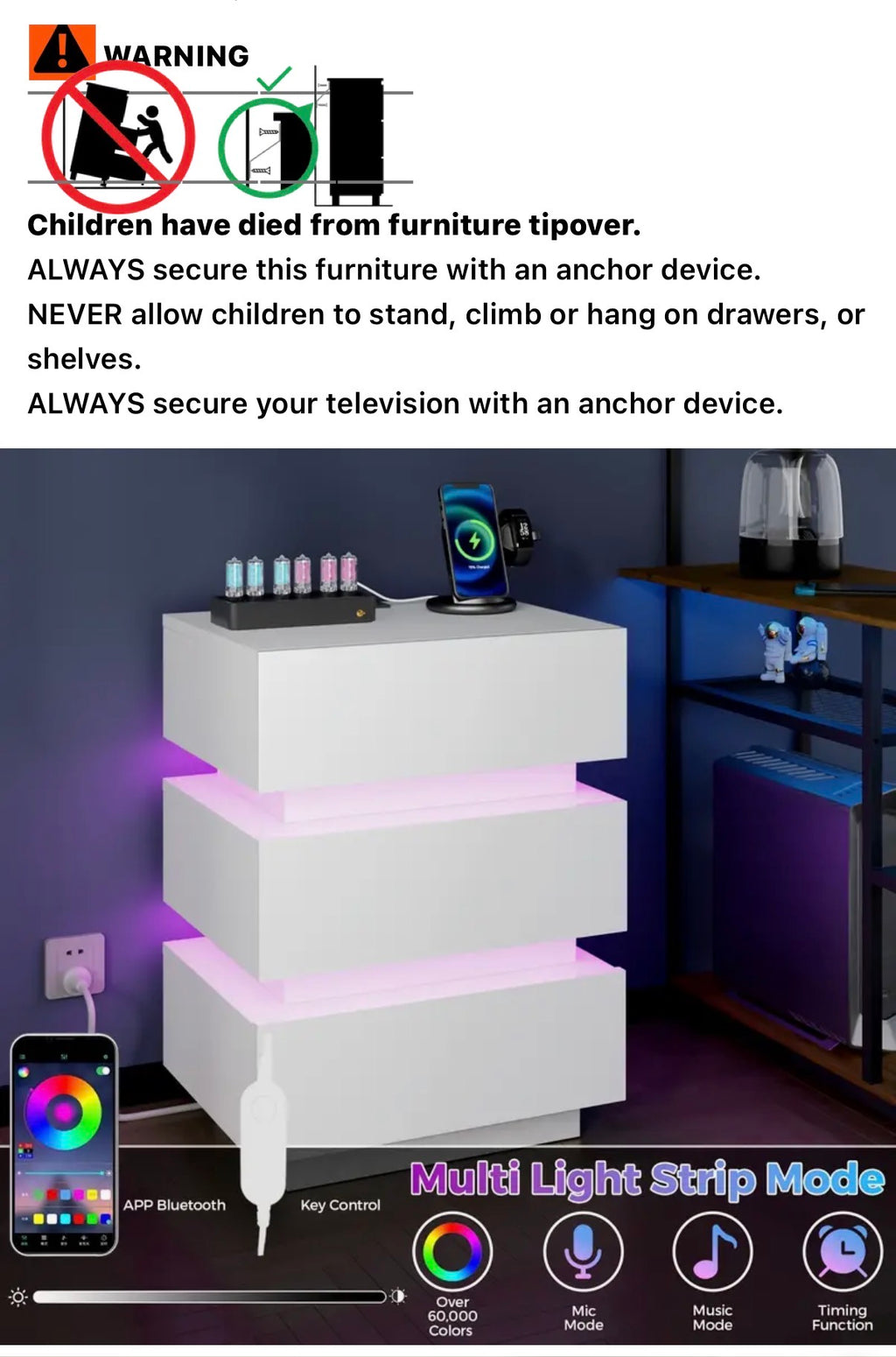 Smart Bedside Table, 3 drawers, LED nightstand with charging station and USB Port