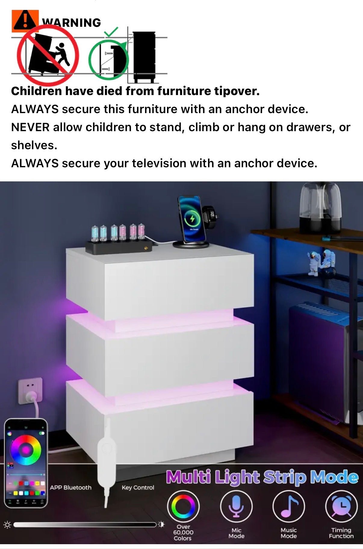 Smart Bedside Table, 3 drawers, LED nightstand with charging station and USB Port