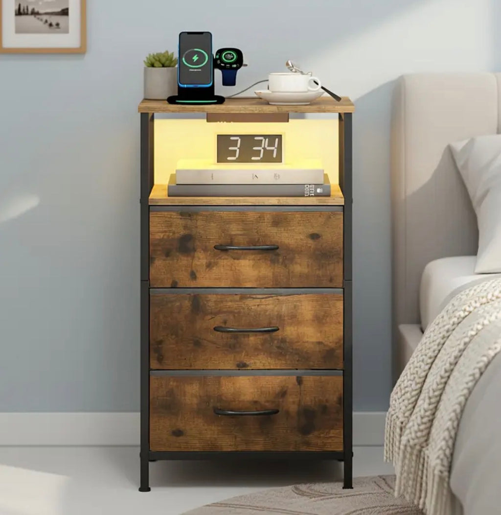 3 drawer Bedside Table, LED nightstand with charging station and USB Port