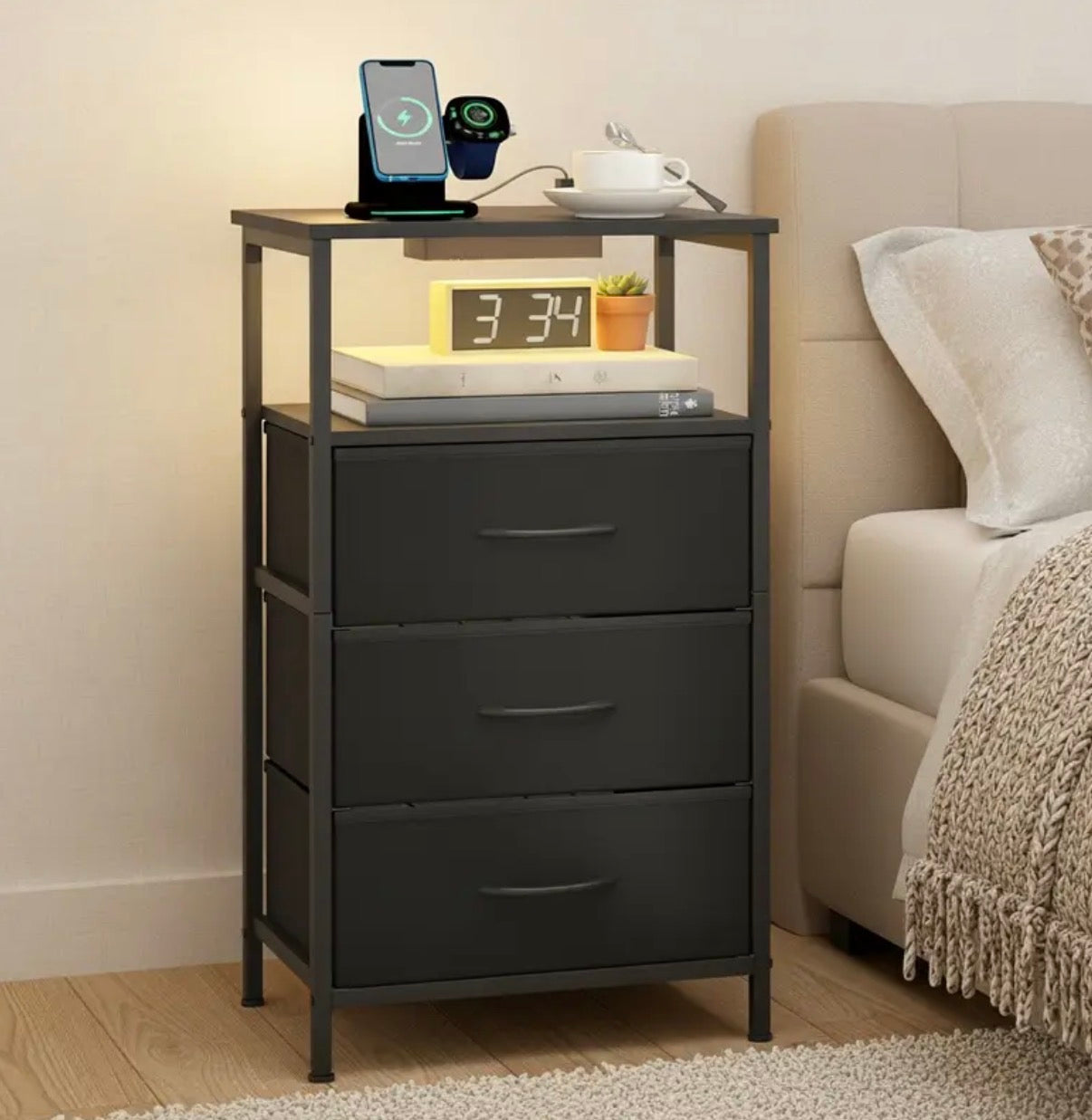 3 drawer Bedside Table, LED nightstand with charging station and USB Port