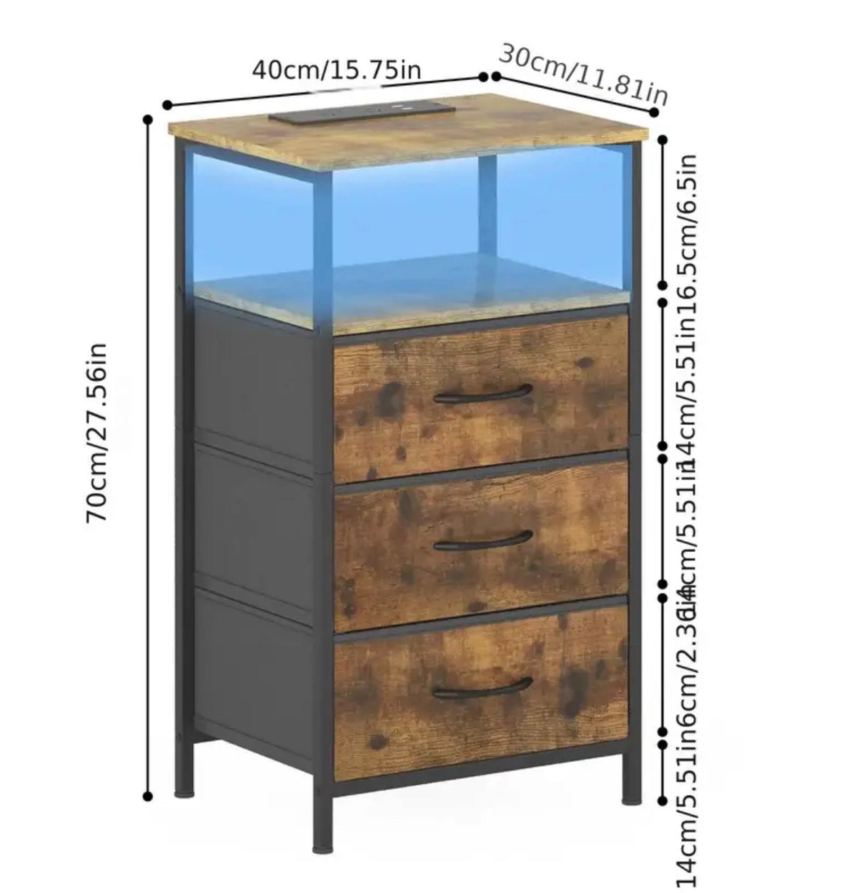 3 drawer Bedside Table, LED nightstand with charging station and USB Port