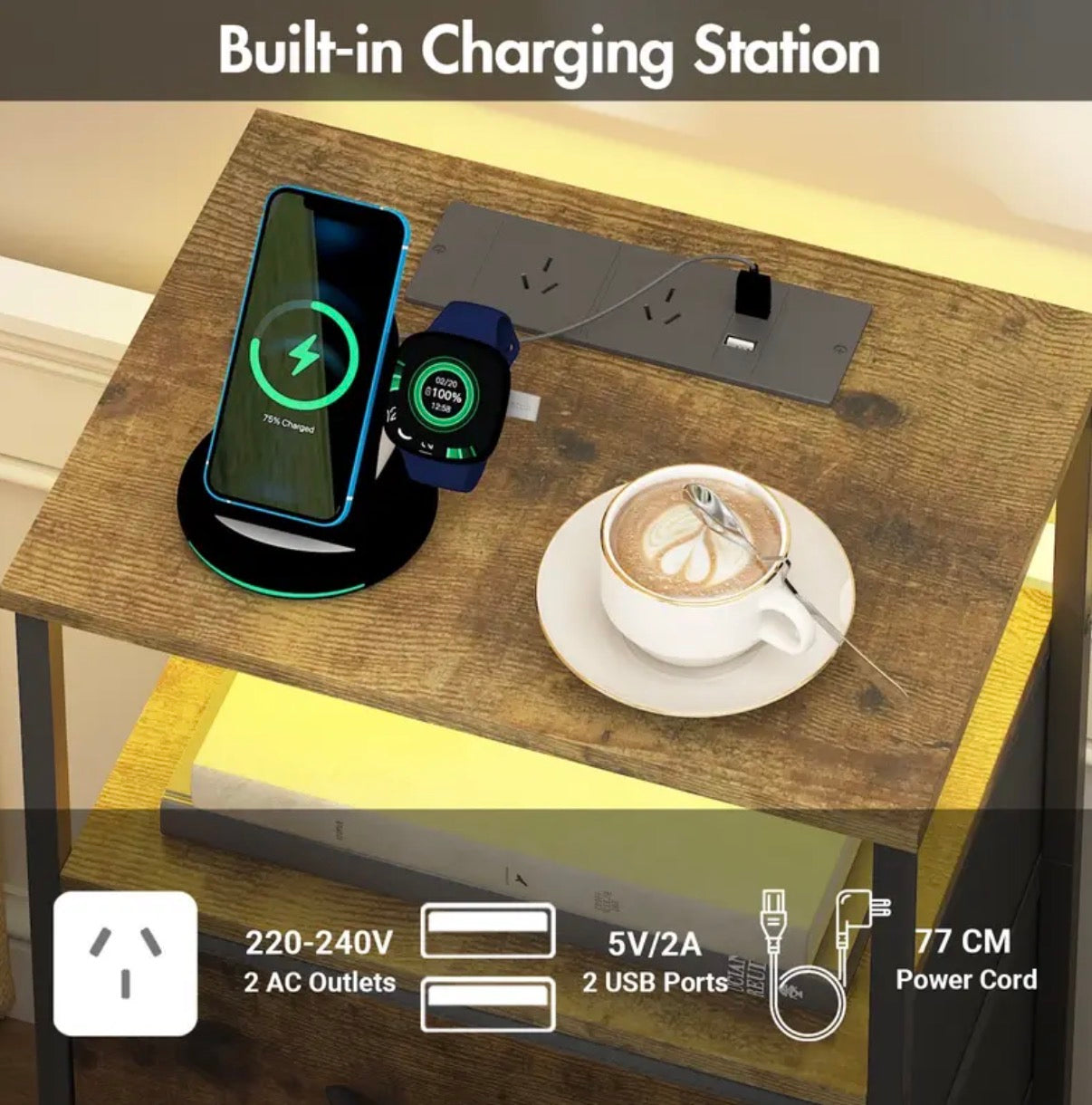 3 drawer Bedside Table, LED nightstand with charging station and USB Port