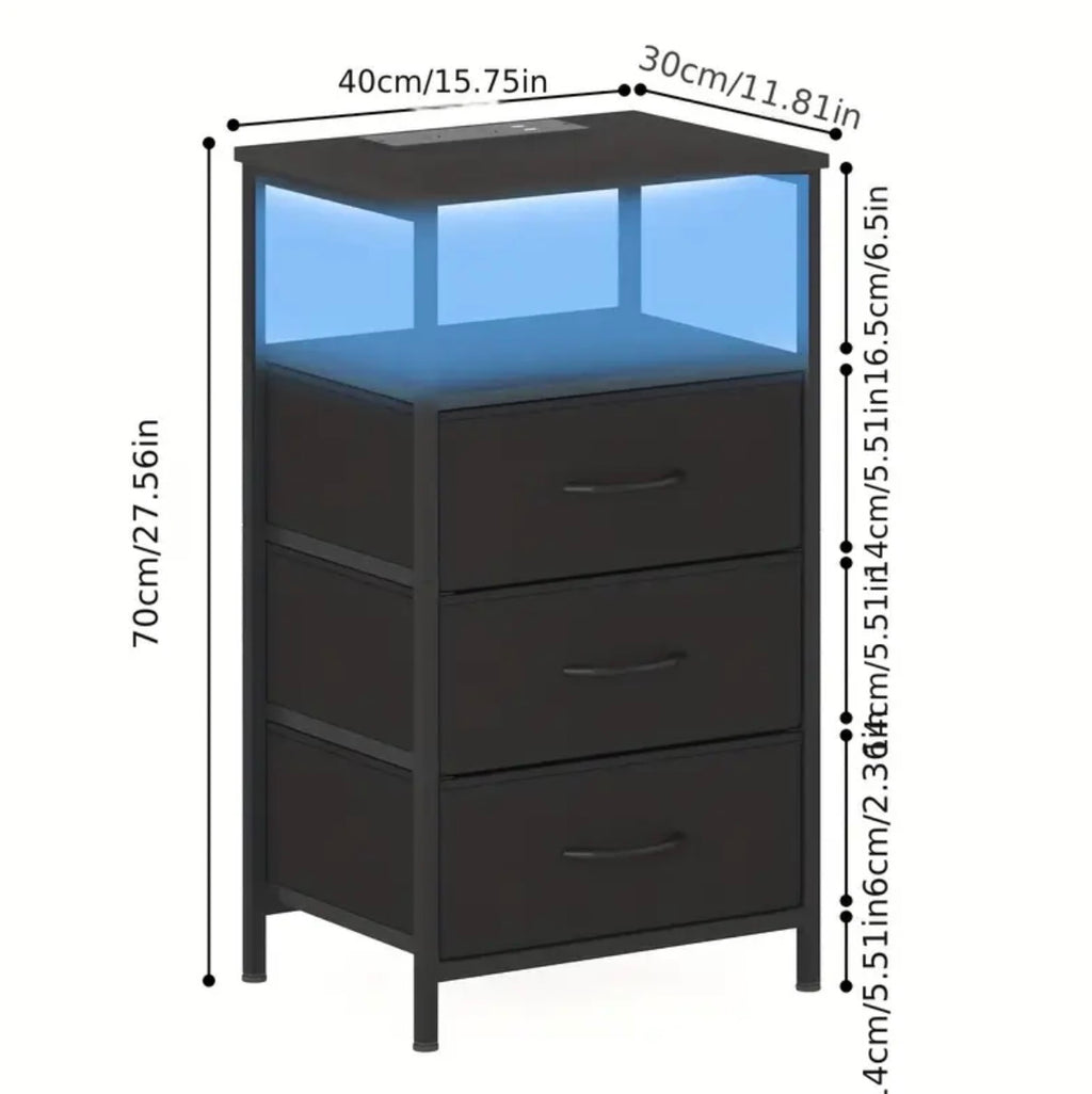 3 drawer Bedside Table, LED nightstand with charging station and USB Port