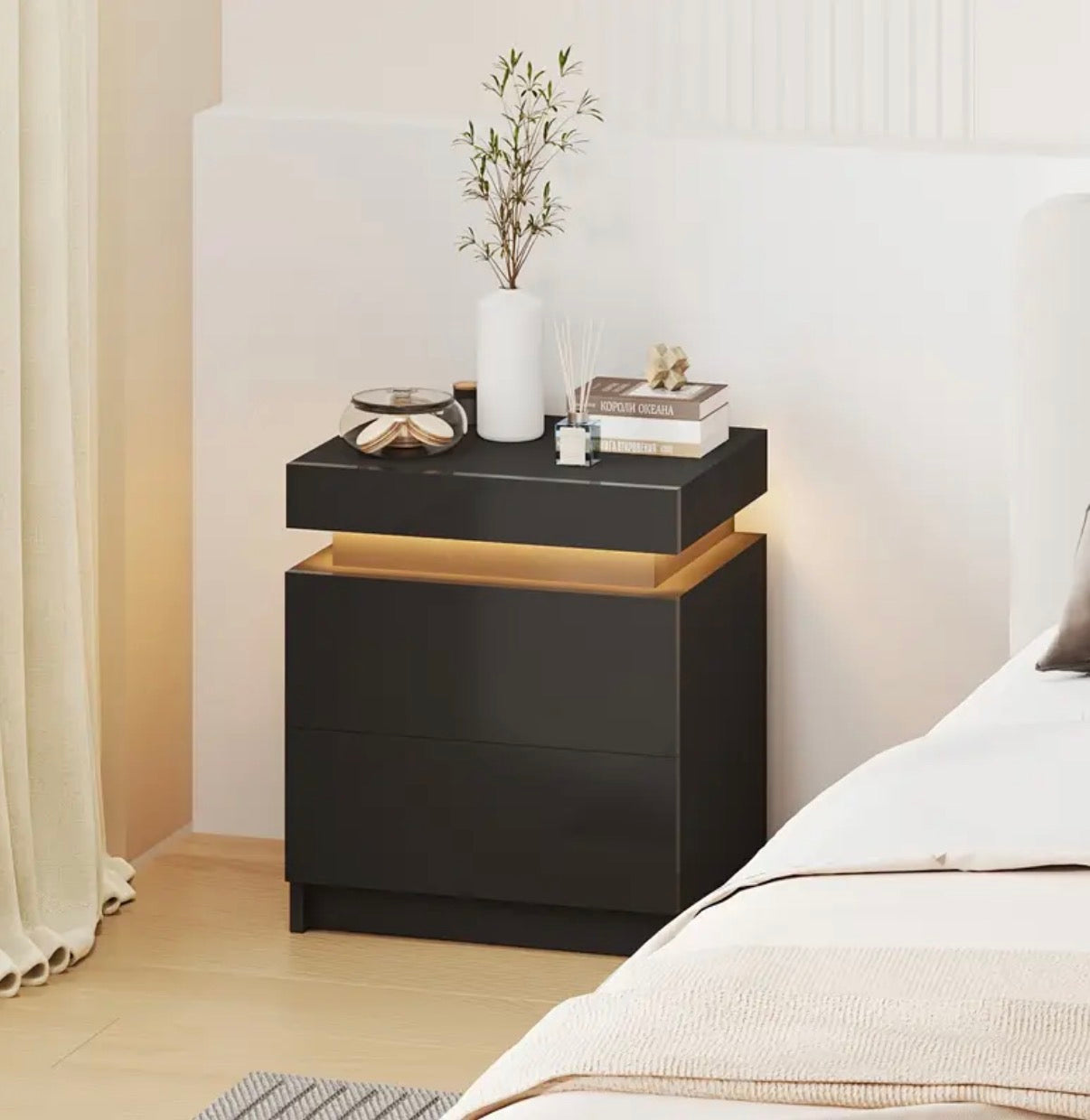 RoomOra LED Bedside Table, with Lift Storage and 2 Drawers