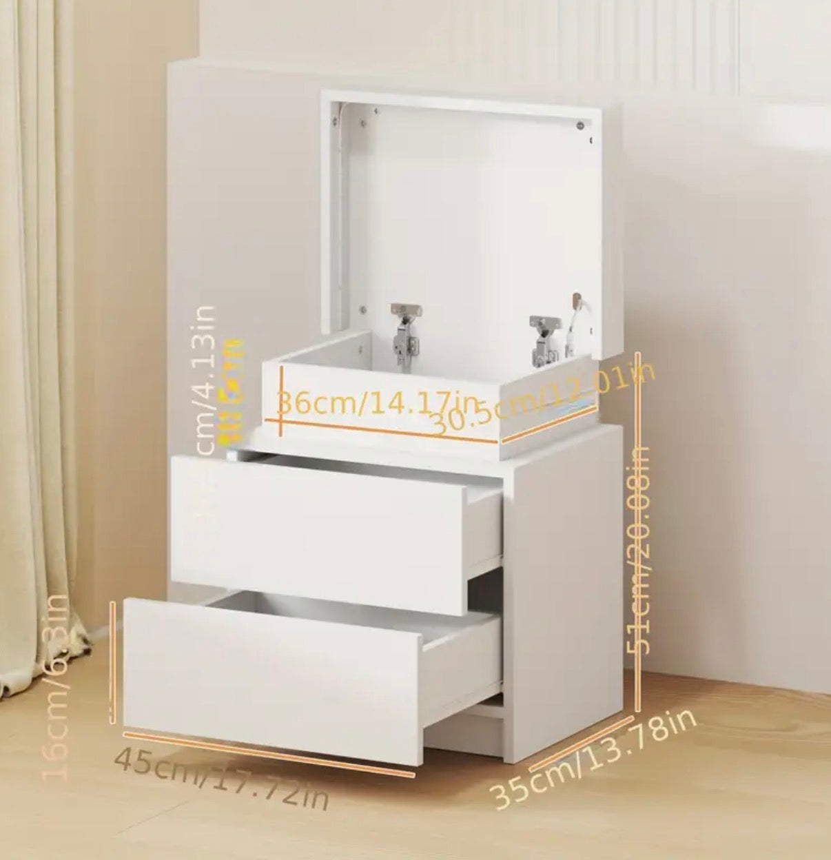 RoomOra LED Bedside Table, with Lift Storage and 2 Drawers