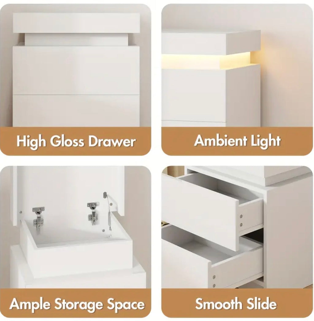 RoomOra LED Bedside Table, with Lift Storage and 2 Drawers