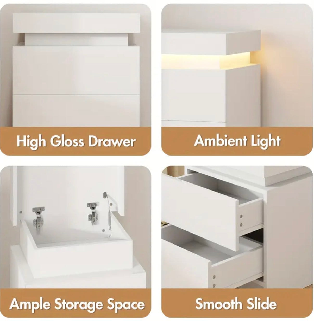RoomOra LED Bedside Table, with Lift Storage and 2 Drawers