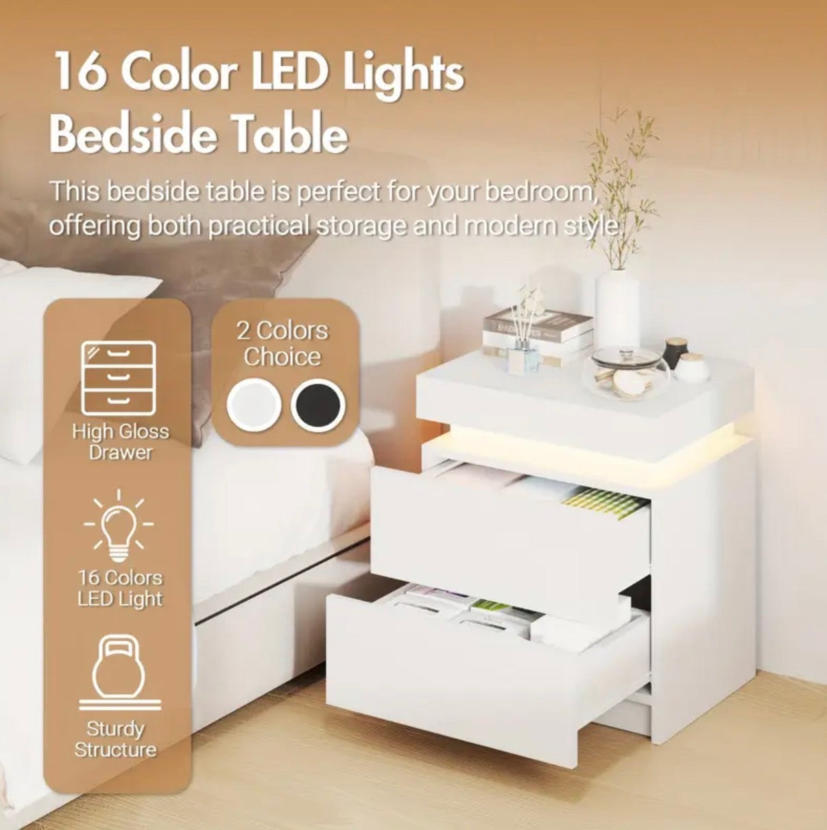 RoomOra LED Bedside Table, with Lift Storage and 2 Drawers