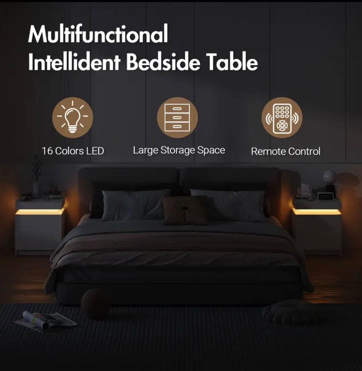 RoomOra LED Bedside Table, with Lift Storage and 2 Drawers