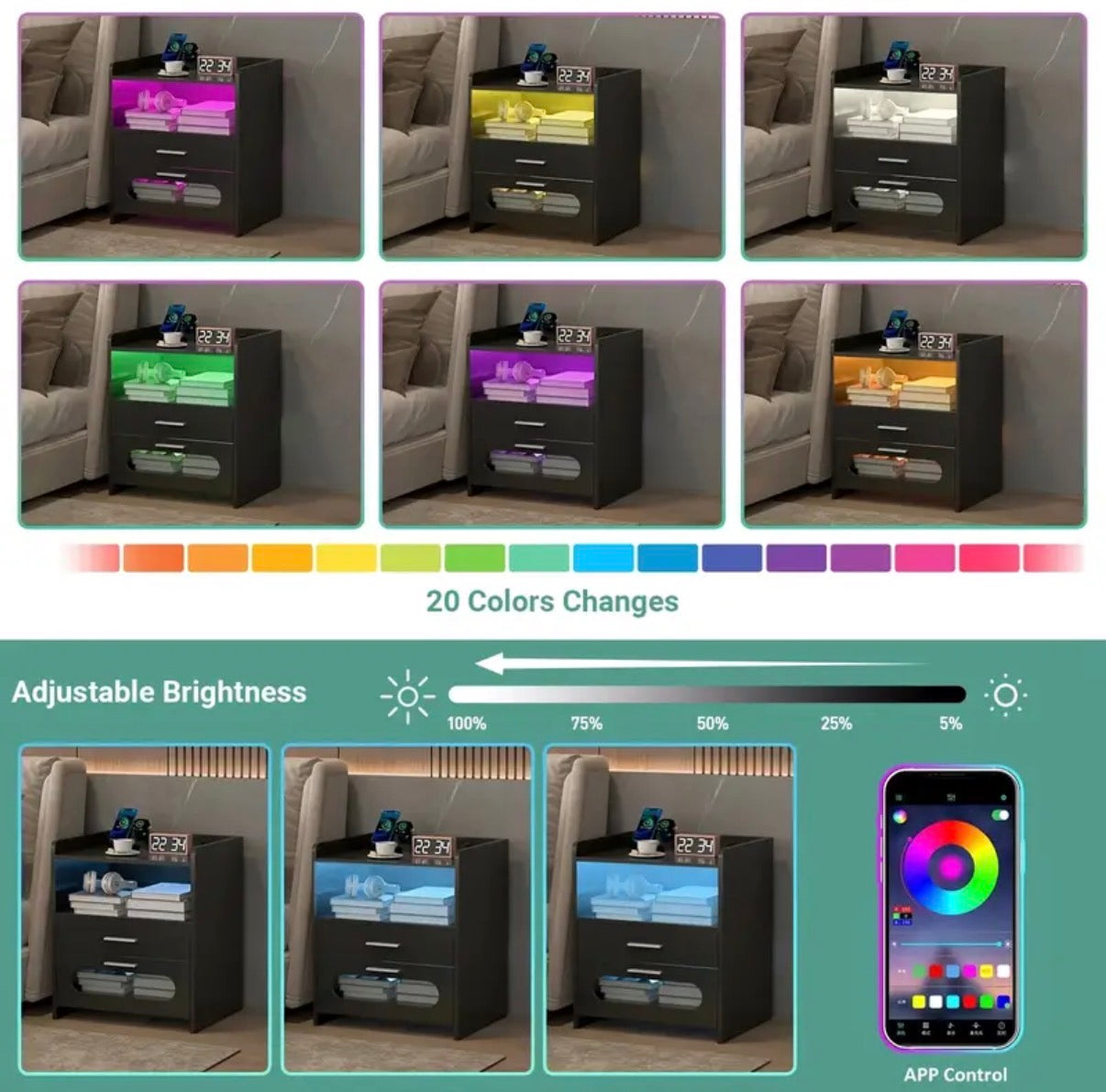 RoomOra 2 Drawers night stand RGB LED side table