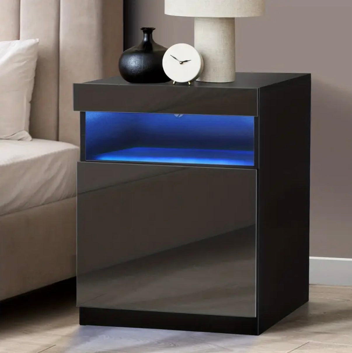 Modern LED nightstand with access lighting powered bedside table